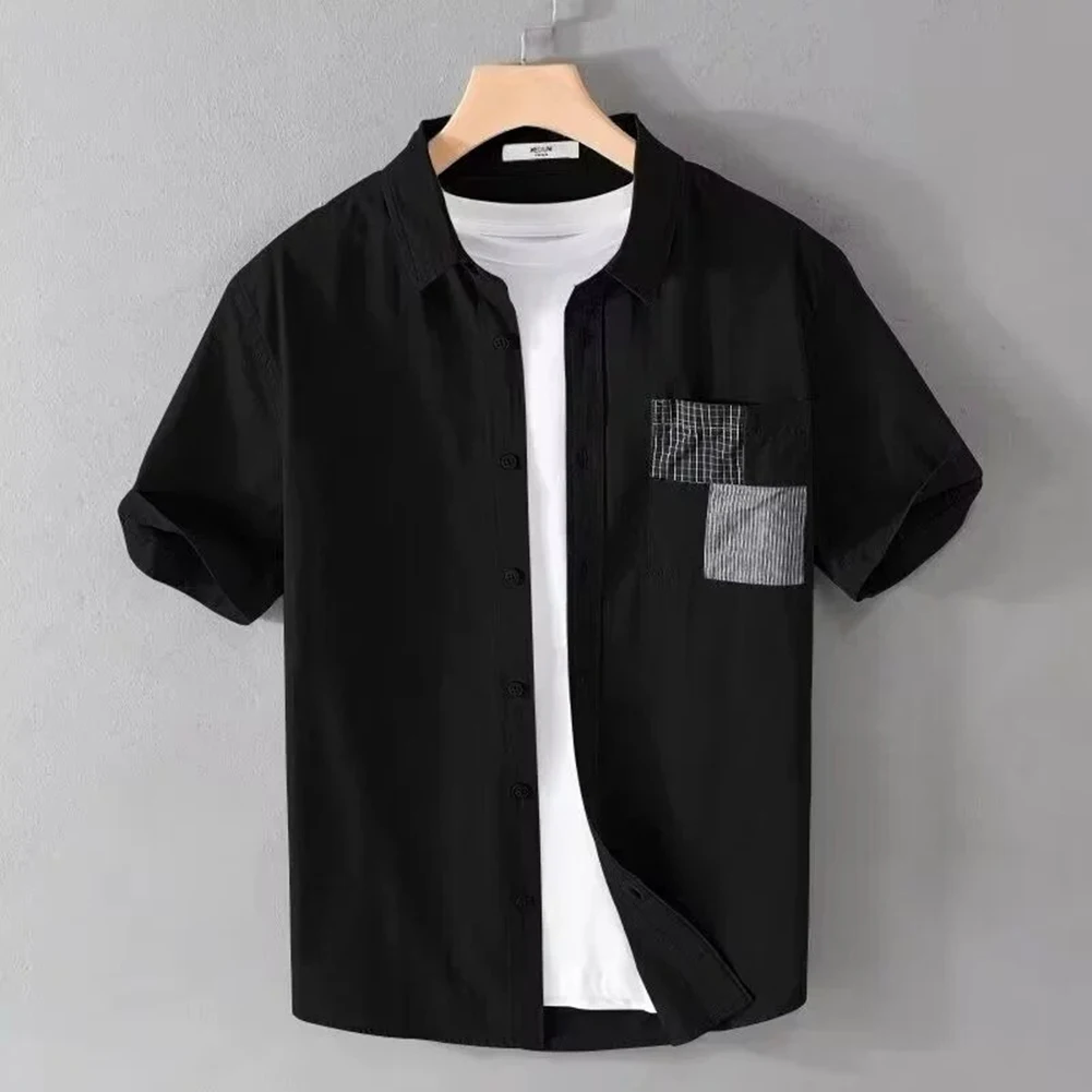 

Block Pattern Shirt Loose Fit Shirt Applicable For Daily Wear Fashion Top Lapel Neckline Polyester Fabric Regular Length