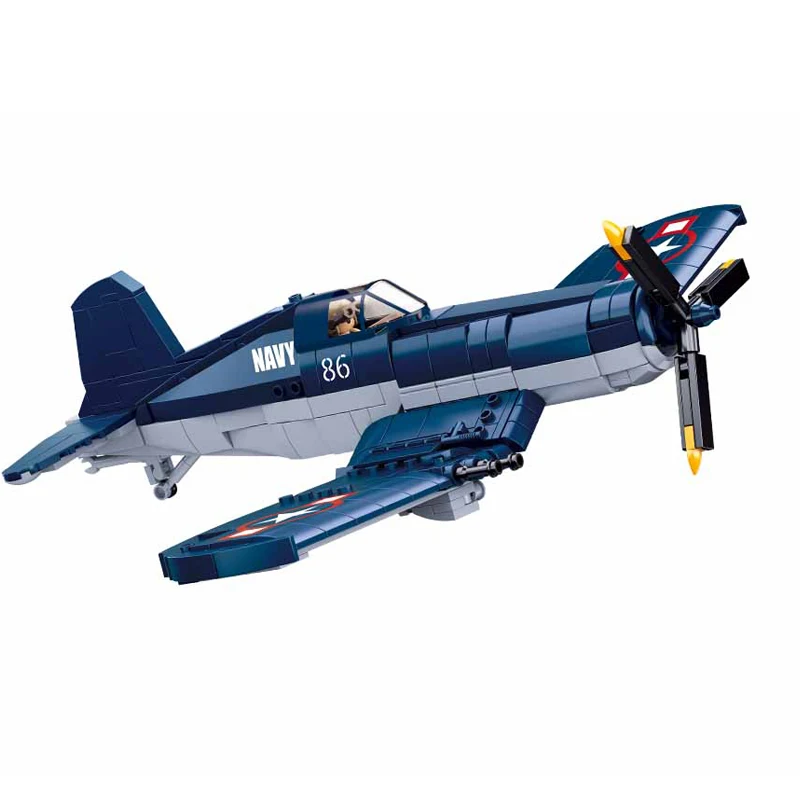 Sluban WW2 Technical Military Bomber US Plane Model Building Blocks F4U Attack Fighter Aircraft Helicopter Bricks Toys Kids Gift