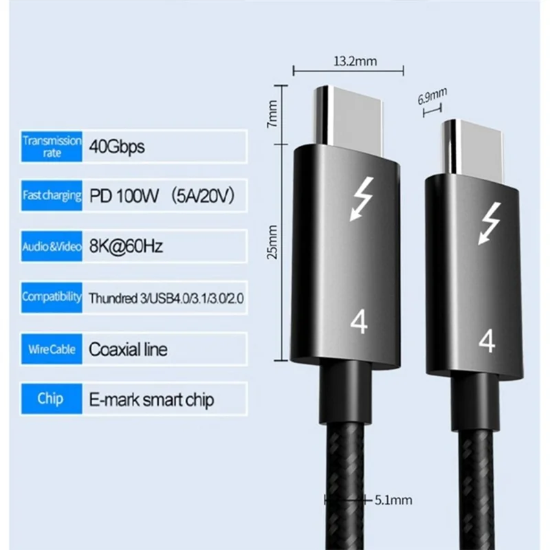 كابل Thunderbolt 4 من النوع C كابل 40 جيجابت في الثانية كابل USB C 8K 60 هرتز معتمد بسرعة 40 جيجابت في الثانية PD100W لـ Pro Acer USB 4 C422