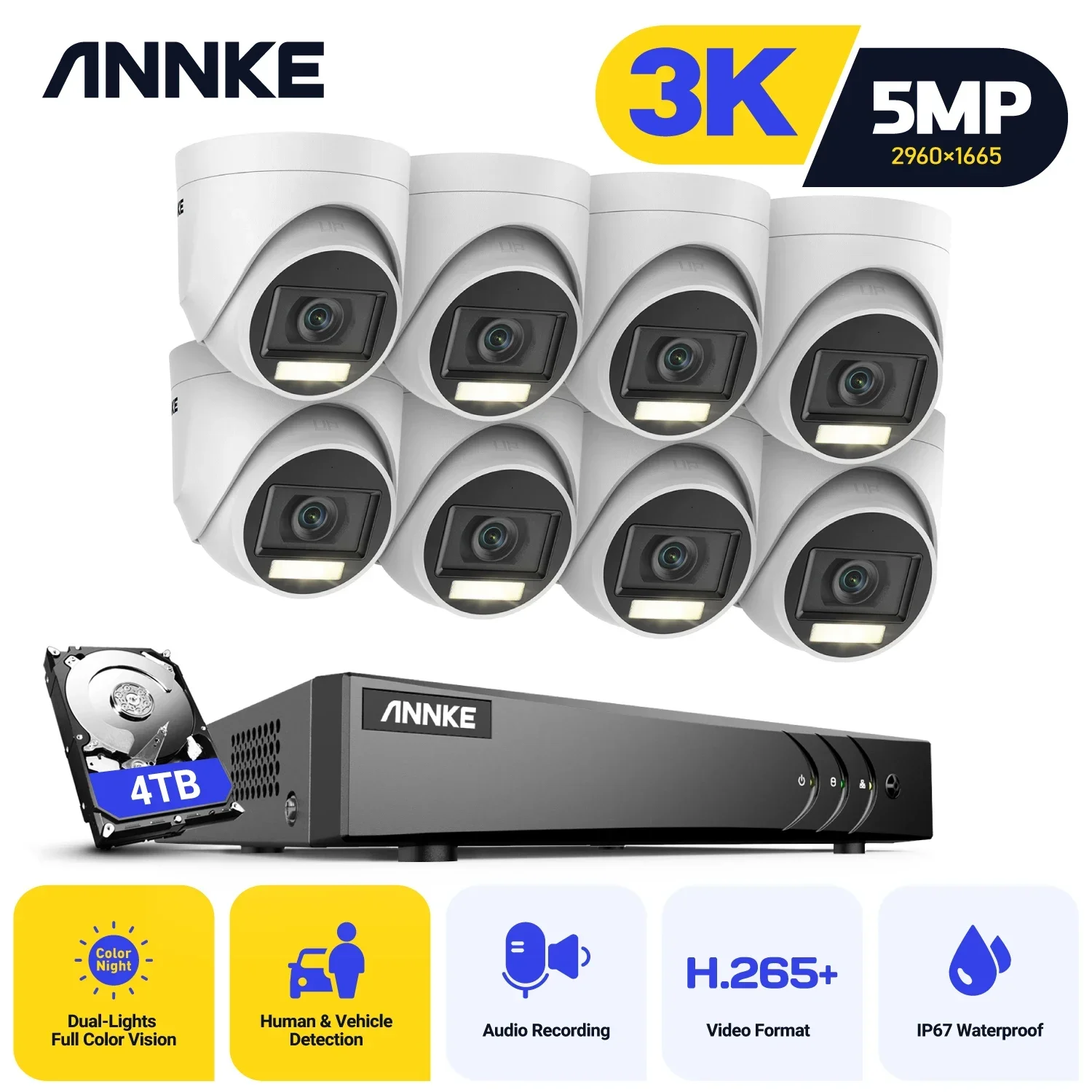 ANNKE H.265+ 8CH 5MP DVR Security Surveillance Kits 8pcs 5MP PIR Outdoor Cameras IP67 Weatherproof DVR SECUR Camera System Alarm