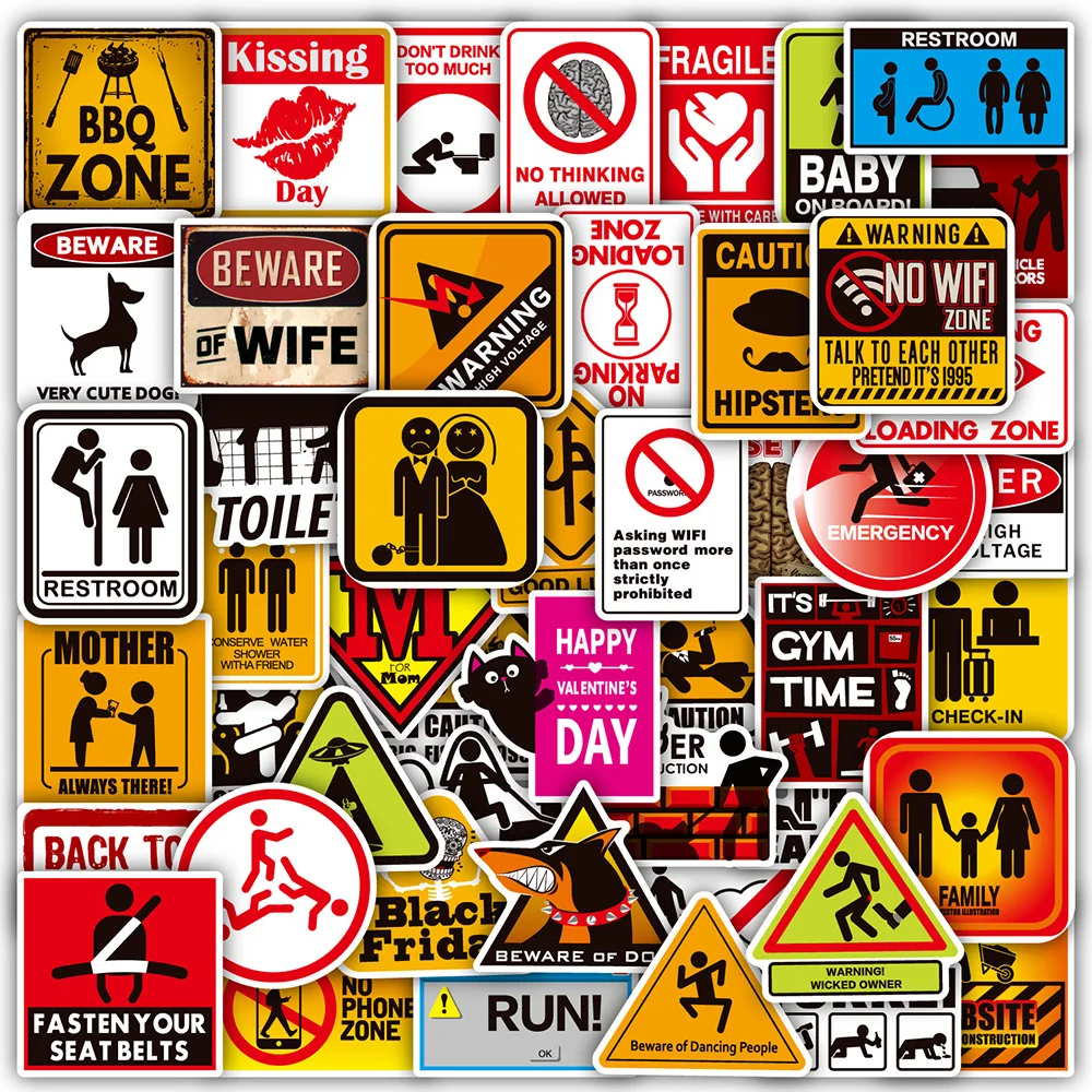 10/30/50/100pcs Warning Cartoon Graffiti Stickers Danger Banning Signs Reminder Decals Toys Funny DIY Luggage Phone Laptop