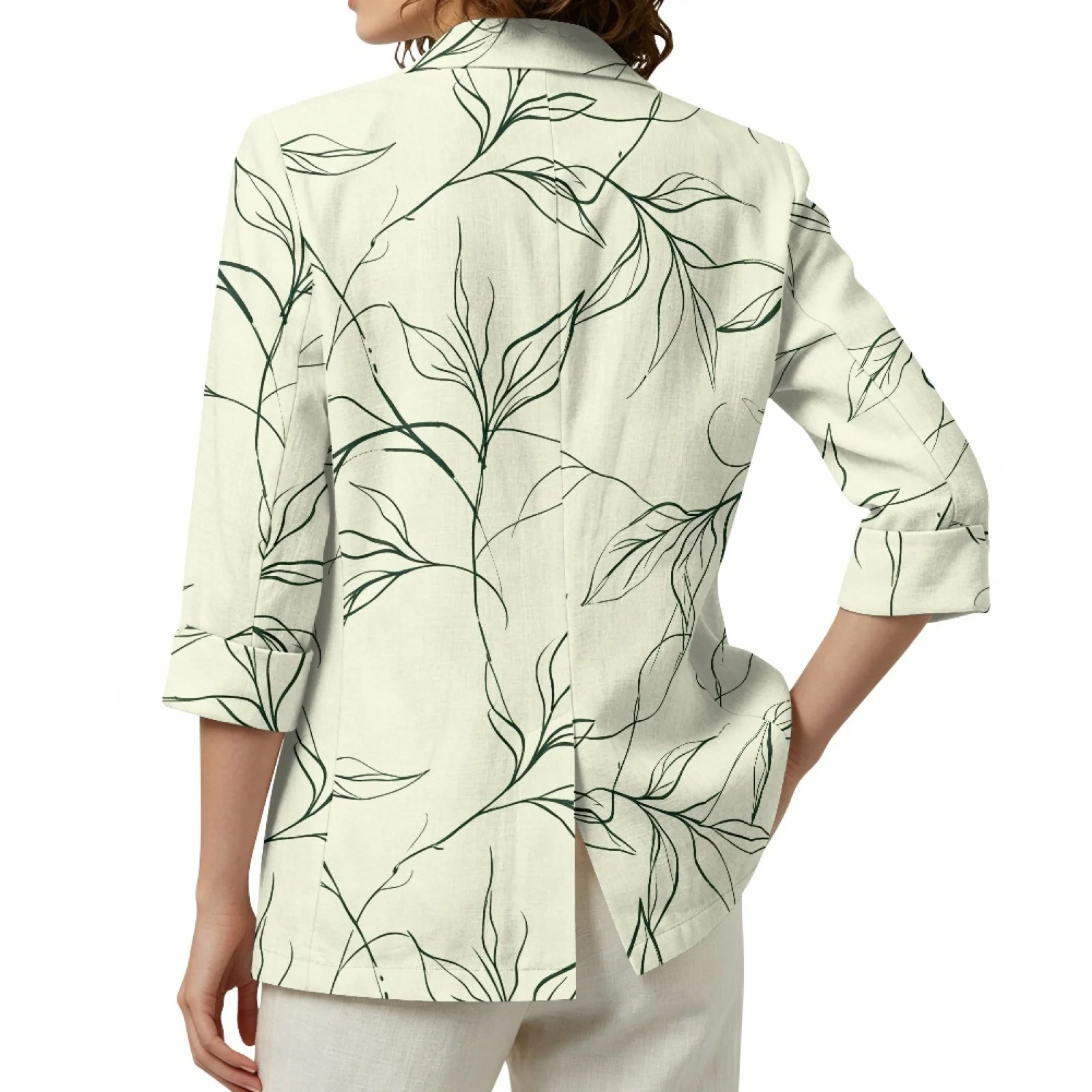 PENSTROLL Line Art Leaves Linen Like Open Front Cardigan for Resort with Pockets Beach Coverups Outerwear Cover Up