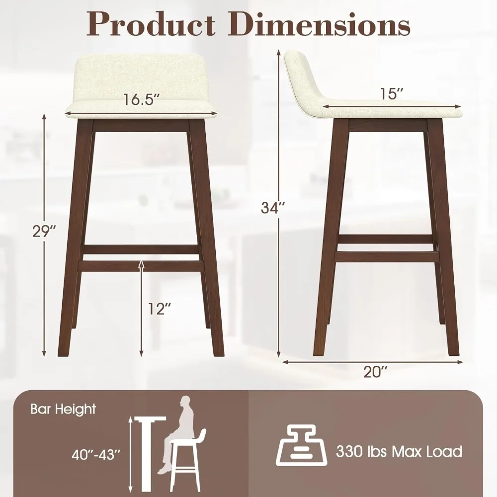 나무 바 스툴 4개 세트, 29인치 높이의 패딩 처리된 시트, 낮은 등받이, 발판, 고무나무 다리, 팔걸이 없는 바