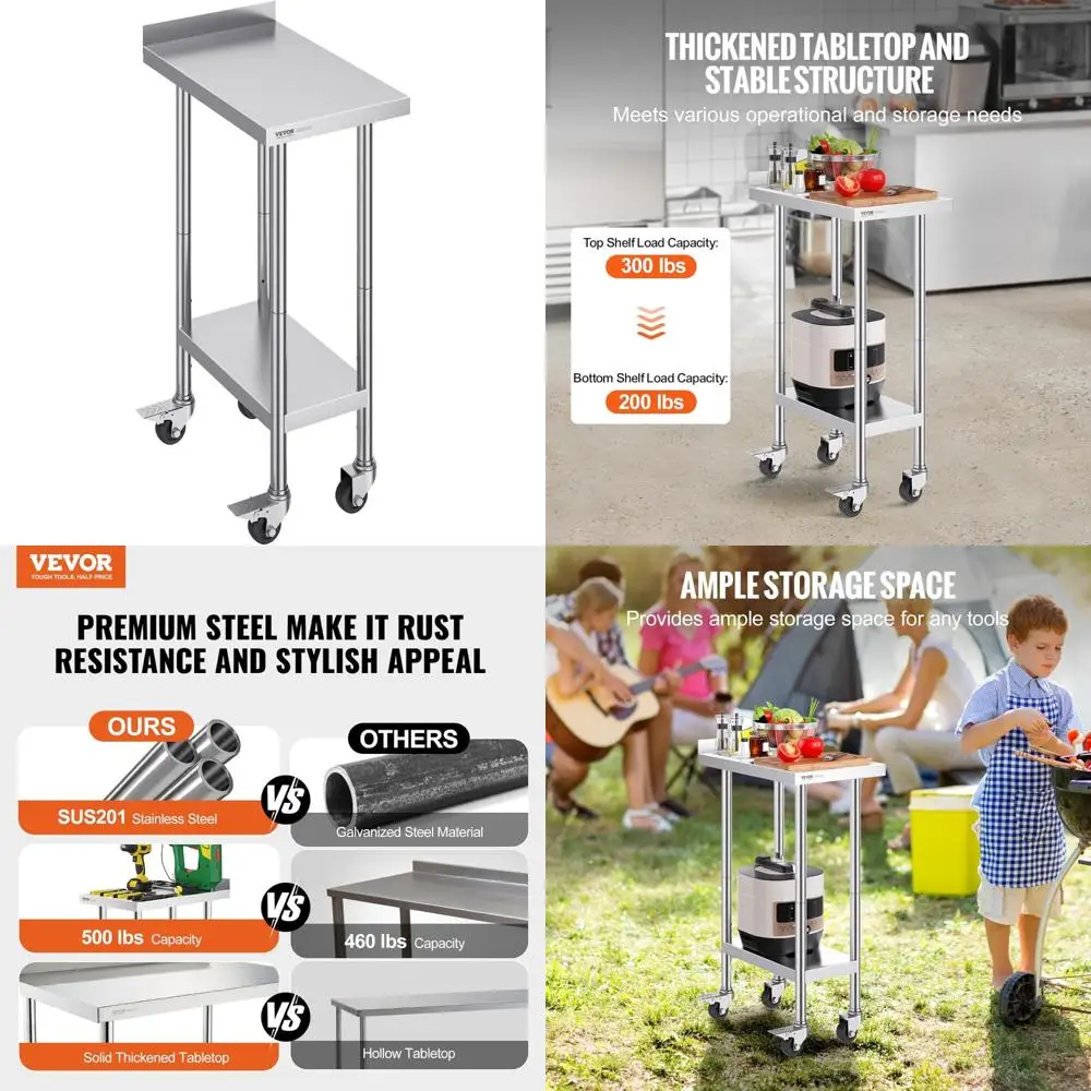 طاولة عمل من الفولاذ المقاوم للصدأ مقاس 24 × 15 × 40 بوصة من VEVOR، طاولة عمل لإعداد الطعام التجارية مع عجلات، طاولة عمل إعدادية شديدة التحمل، ميتا