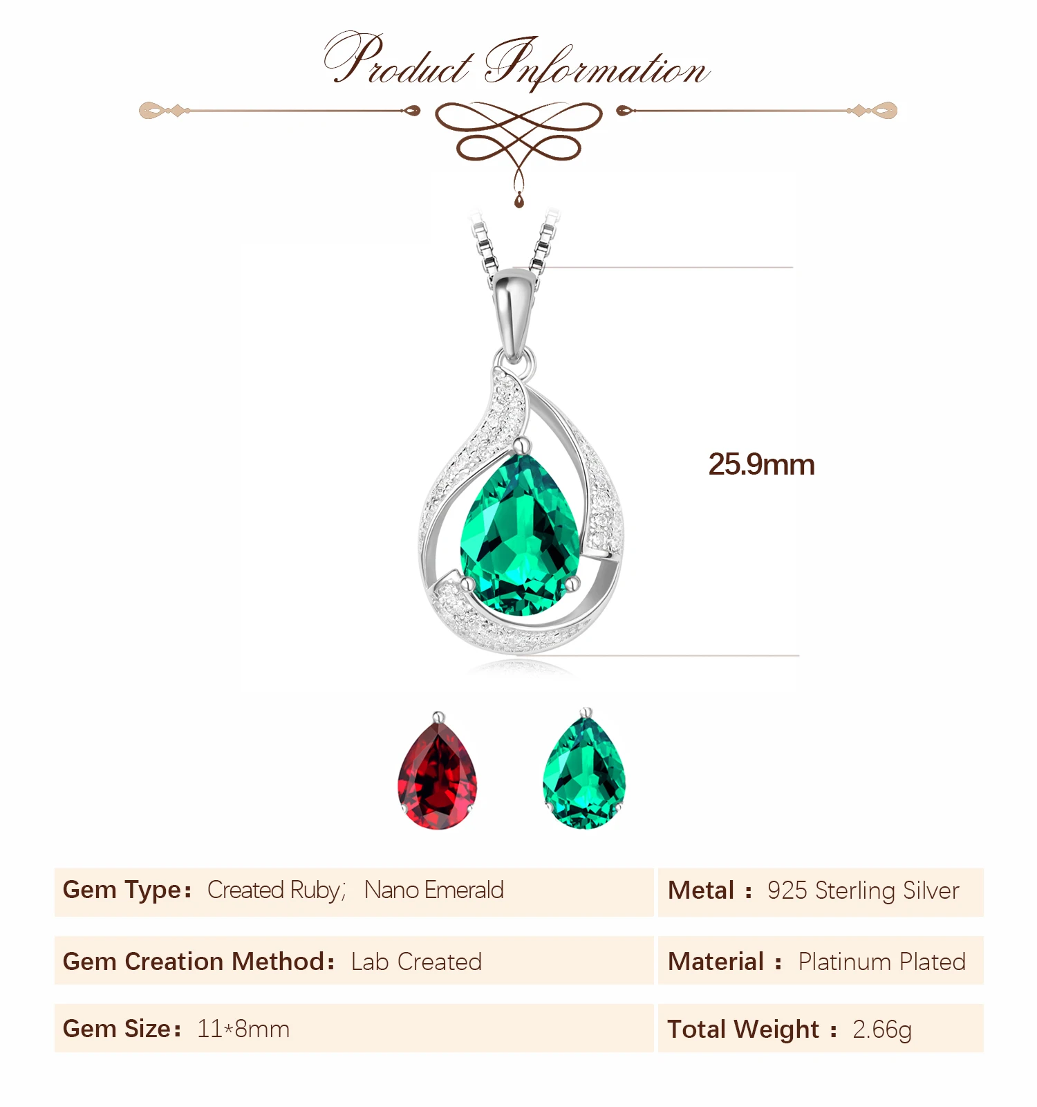 Potiy Pear 3.84ct Nano Emerald Created Ruby Pendant Necklace No Chain 925 Sterling Silver for Women Daily Wedding Party Jewelry