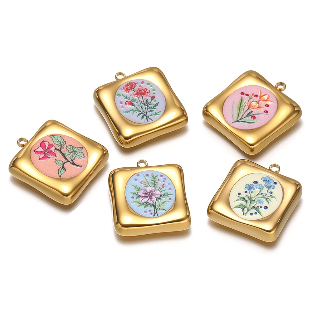 4 Stück Gold Edelstahl Emaille Blumenanhänger Quadratische Halskettenanhänger für DIY Modeschmuckherstellung Armband Ohrring Zubehör – Detail 4