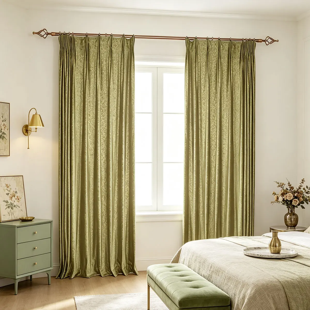 Olive Green Velvet Gold Foil Hook Curtains Set of 2, Full Blackout Textured Drape, Luxury Vintage For Bedroom Living Room