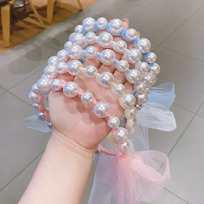 

Fench Style Baby Sweet Princess Children's Pearls Birthday Party Headband Hair Hairpin kids' Streamer Hair Accessories