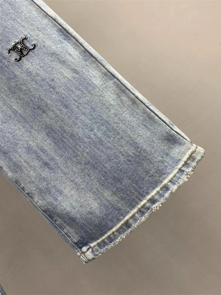 2025 New Blue Denim Pants Women High Waist Elastic Wide Leg Trouser Autumn Rhinestone Embellished Straight Pant Street Y2k Jeans