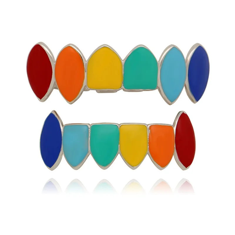 HipHop Rainbow Gold Silver color Teeth Grillz Top & Bottom Grills Dental Mouth Cosplay Party Tooth Punk Body Jewelry Gifts