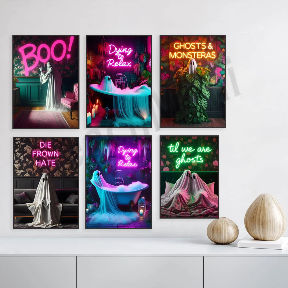 Until we are ghosts, boo! Neon effect light ghost print, funny humorous ghost, dark aesthetic, gothic home decoration poster