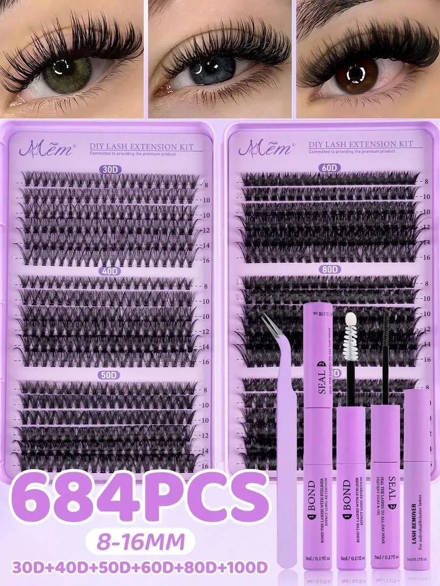 684-teiliges Wimpernverlängerungs-Set, DIY-Wimpernbuch mit Wimpern, Kleber, Entferner & Pinzette, Einfach für Profis & Anfänger zur Heimanwendung