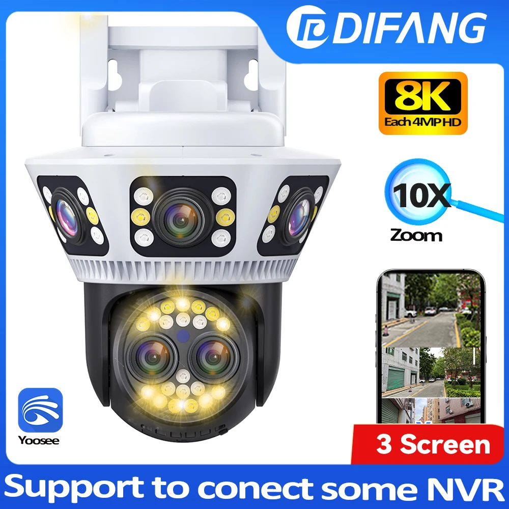 8K WiFi Camera Outdoor Three Screen CCTV 10X Zoom Security-Protection Security Camera Yoosee Onvif Video Surveillance Street Cam