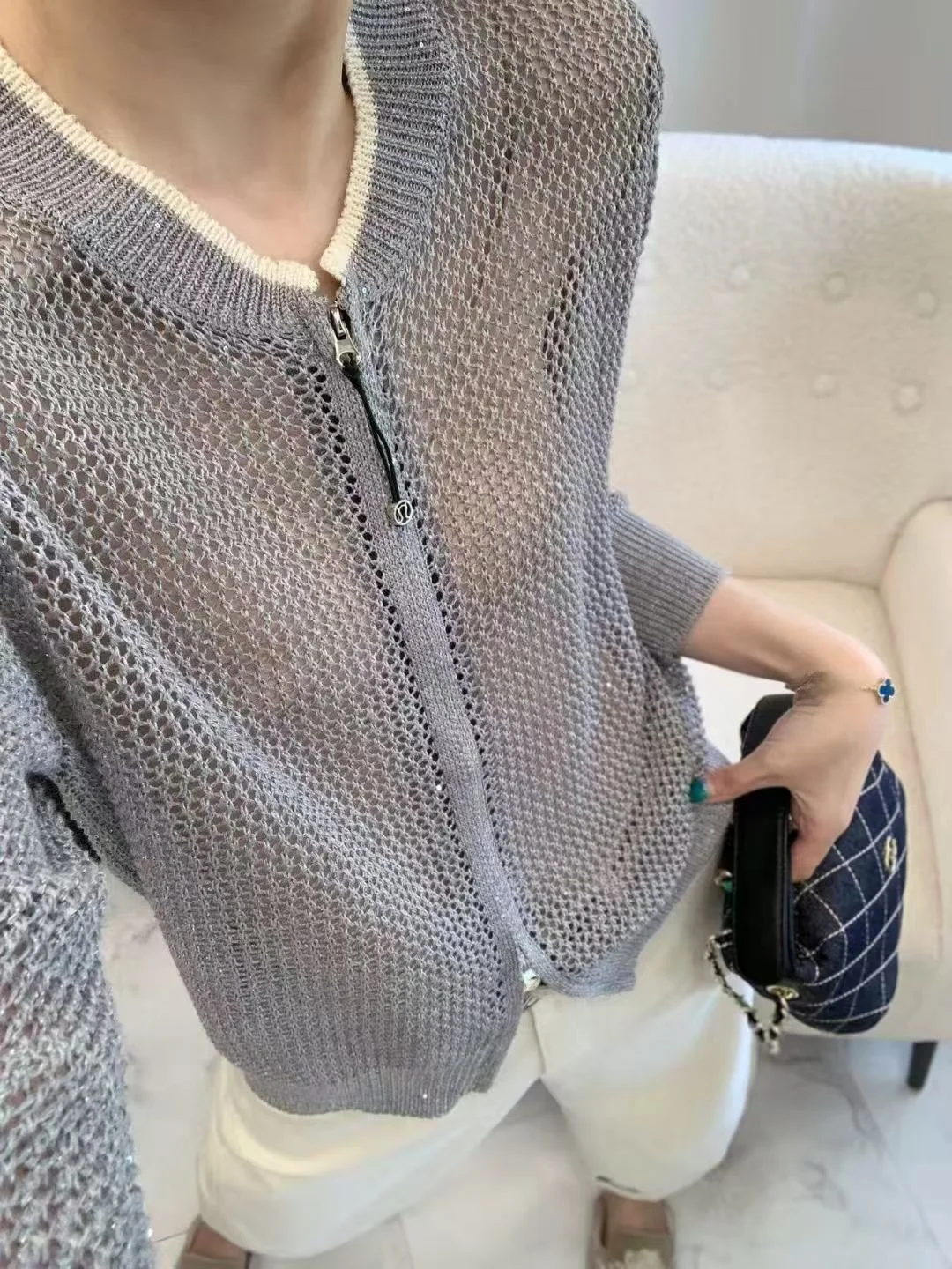 Casual Lace-Up Silk Knitted Open Cardigan Women Loose Sun Protection Air Conditioning Shirt Summer Thin Top Zipper round Neck...