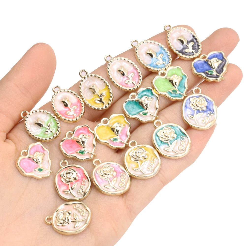 10Pcs Mixed Enamel Rose Flower Series Charms for DIY Making Necklace Earrings Jewelry Accessories Multicolor Pendant Crafts