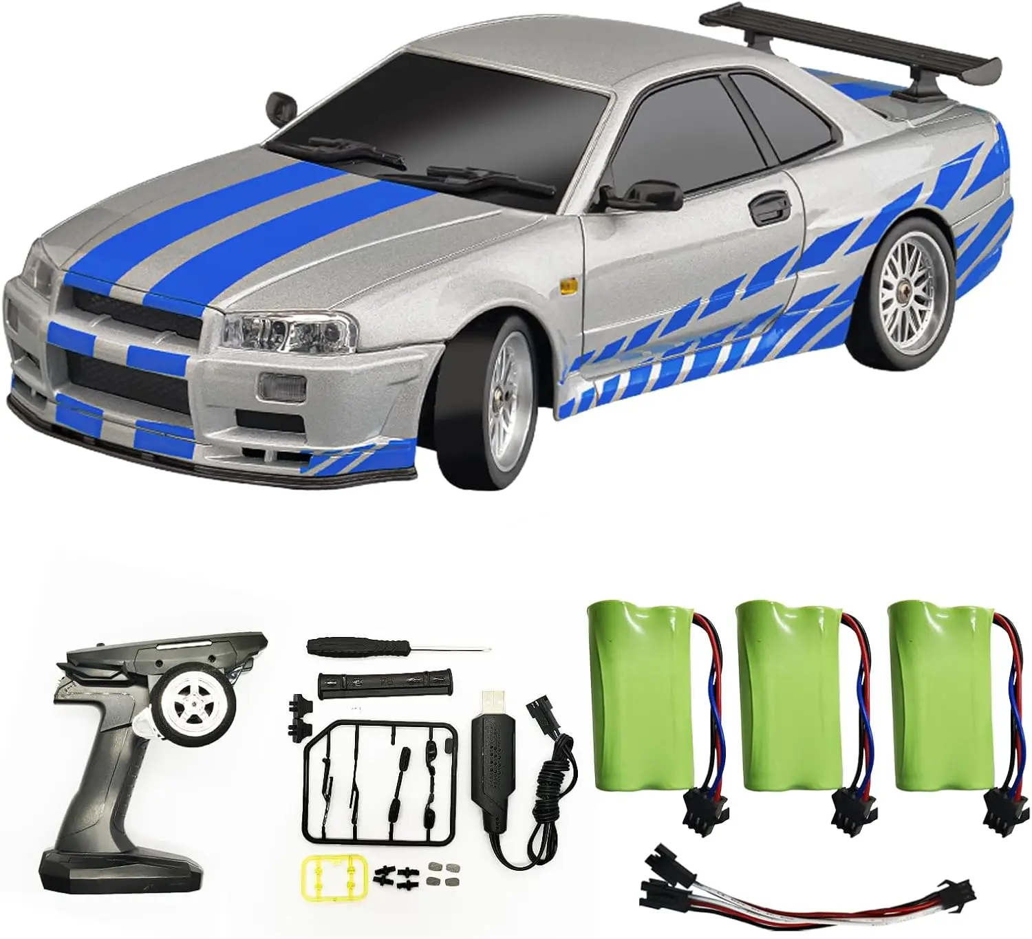 LDRC LD1899 1/18 RC Drift Car Skyline GTR R34 | 2.4GHz RWD Drift Car With Gyro,LED Lights & 3 Batteries Silver