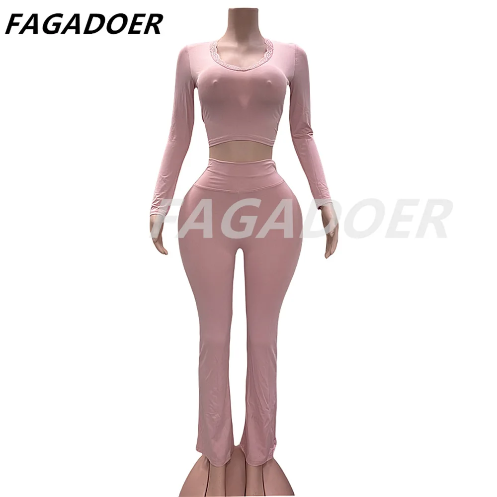 FAGADOER Autumn New Lace Splicing Home Two Piece Sets For Women Round Neck Long Sleeve Crop Top And Skinny Pants Outfits 2024