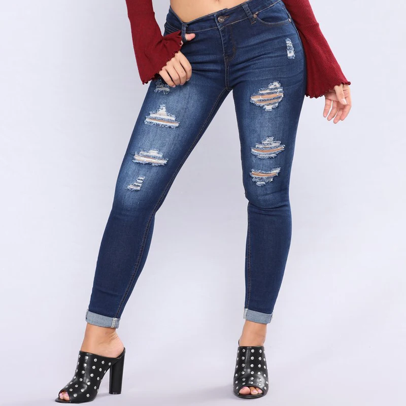 Esuo Jeans for Women Stretch Skinny Destroyed Denim Jeans Fashion High Street High Waist Pants for Women ropa de mujer pantalone