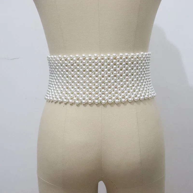 Trendy Pearl Waist Chain Women Fashion Rhinestone Elastic Dress Waistband Ladies Designer Thin Waist Belts Clothing Accessories