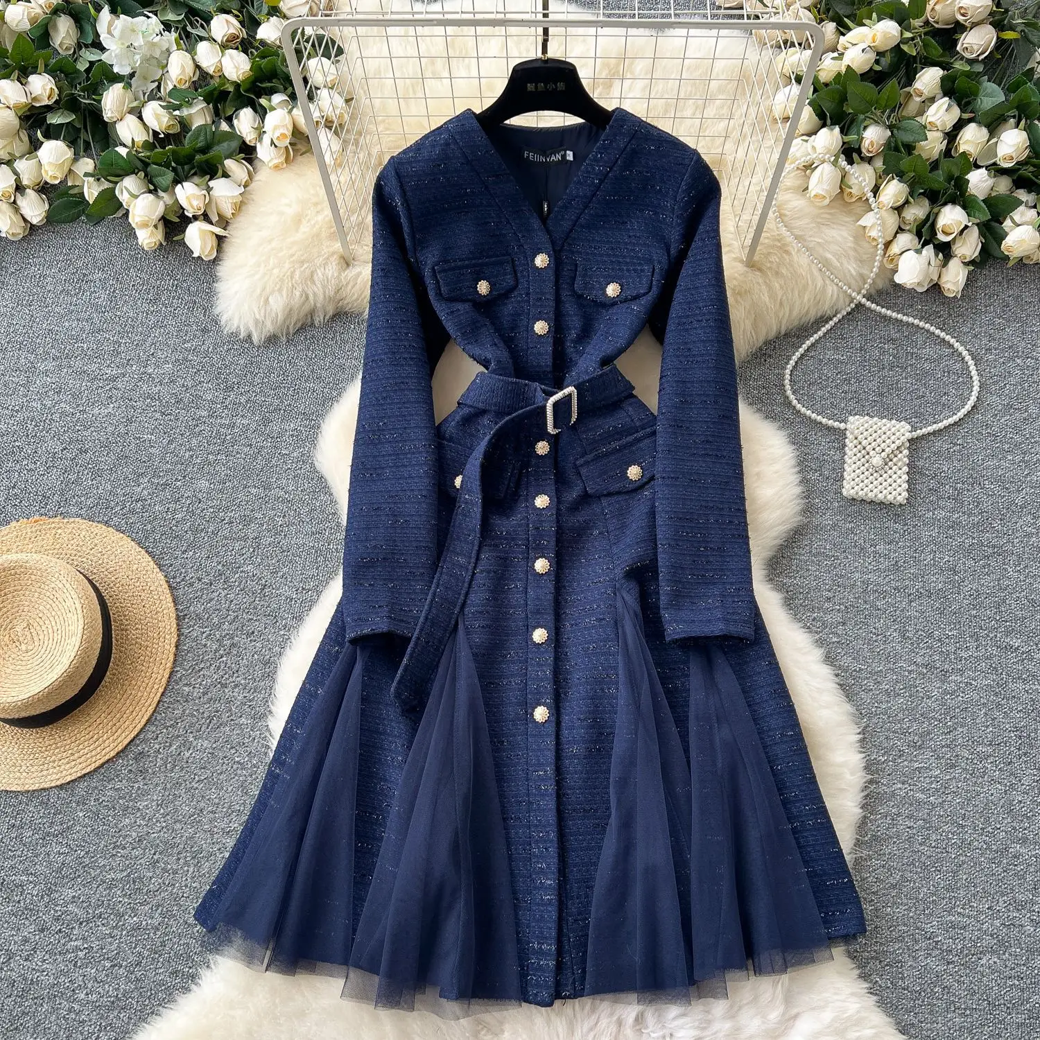 

Belted Women Solid Dress Spliced Mesh Dresses Ankle Lenth A Line Long Sleeve V Neck Waist Cinch Slim Casual Elegant 2025 Autumn