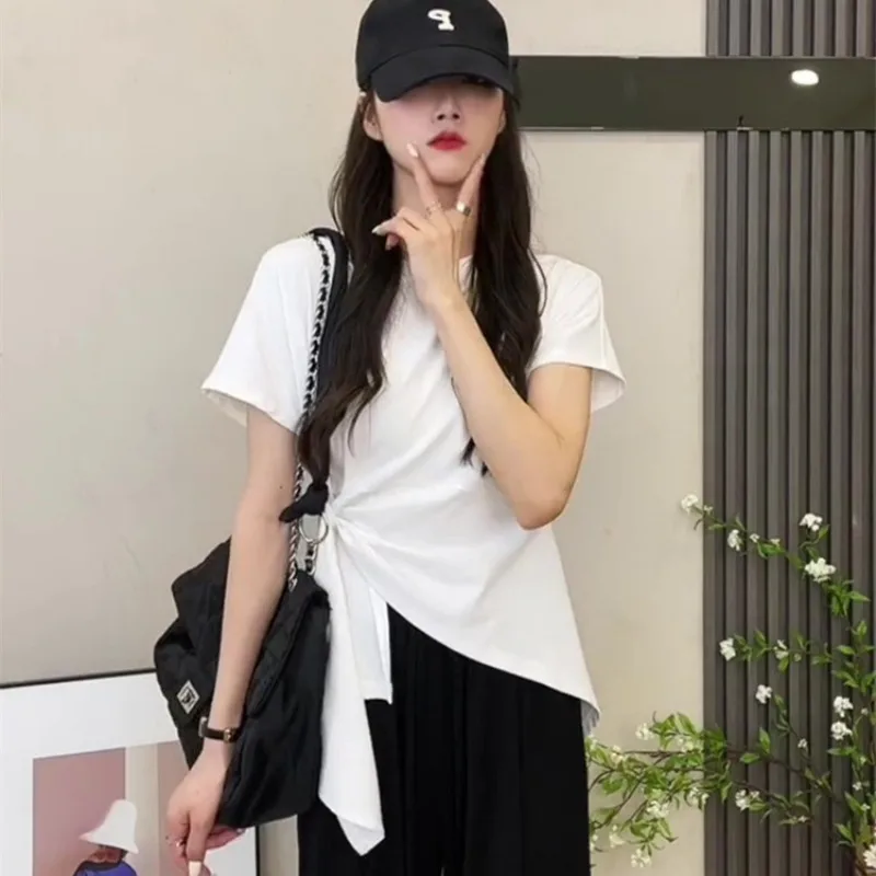 Women Casual Short Sleeve T Shirt O Neck Ruched Knotted Asymmetric Hem Slim Fit Summer Streetwear Basic Tee Daily Wear Top