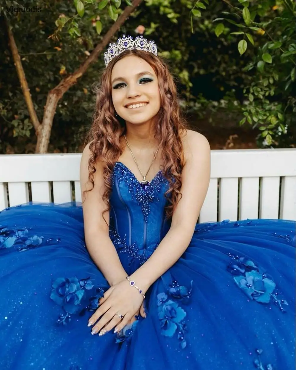 2021 Синее бальное платье Quinceanera Платья 3D Цветы Бусины Милая Тюль Кружева Аппликация Sweet 15 16 Платье Праздничная одежда Xv Años