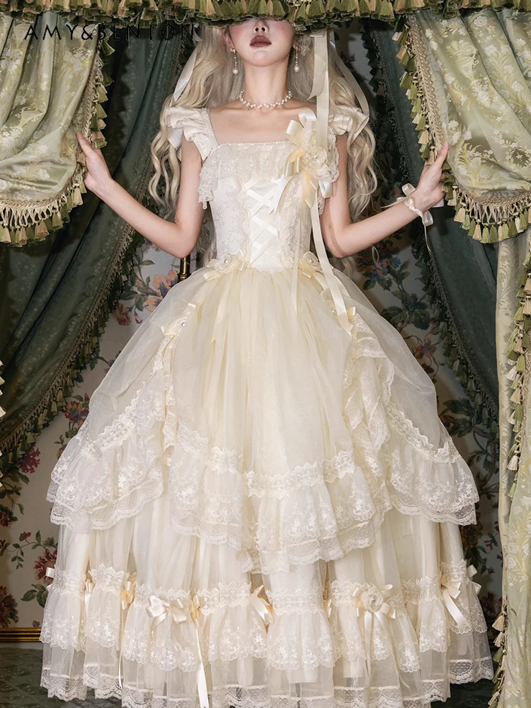 Abiti da sera Lolita eleganti di lusso leggeri Abito da compleanno per donna Abito da tutù in rete lunga sottile JSK con volant dolce stile fata