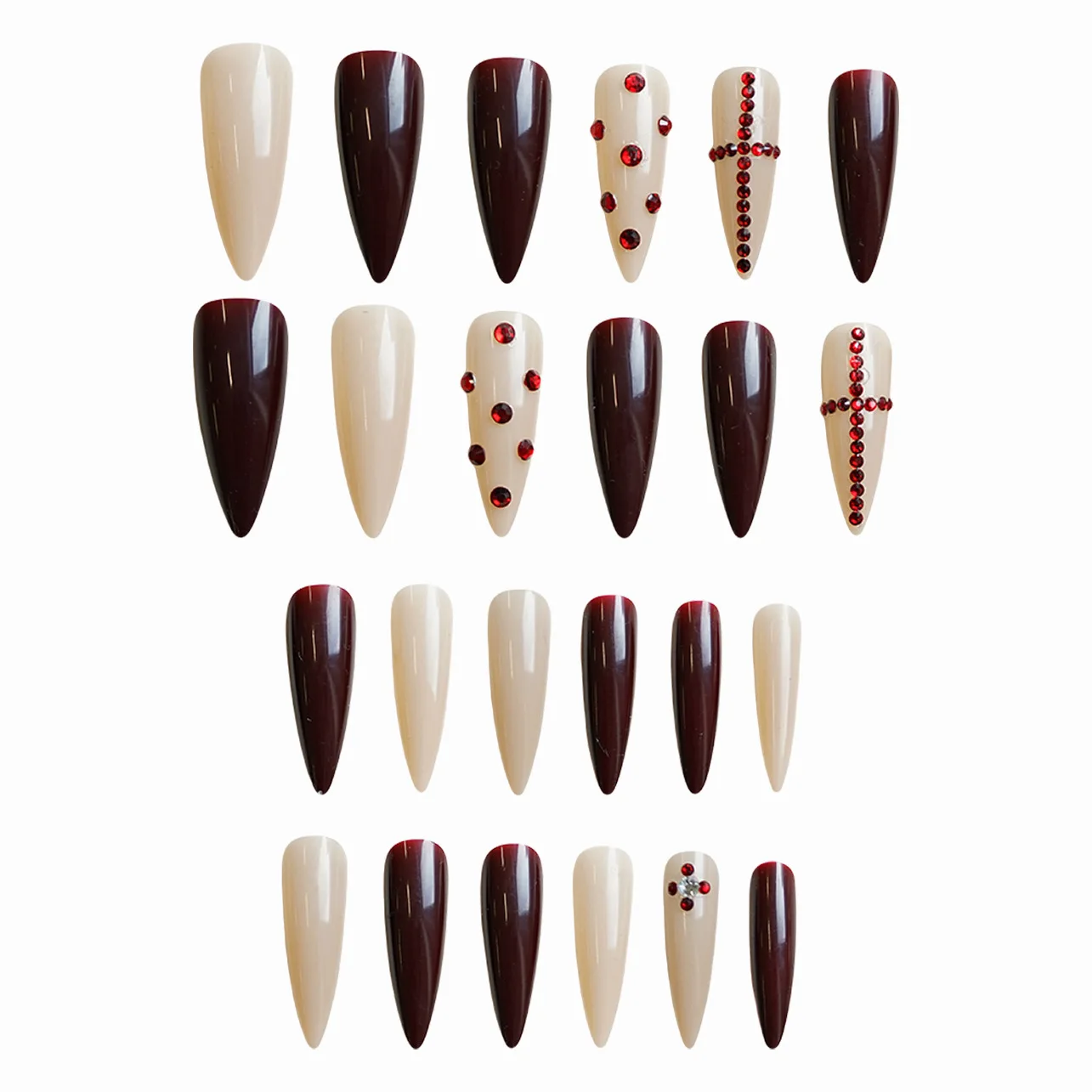 24 pçs unhas falsas de ponta longa retro vermelho europeu especiarias meninas dicas de unhas falsas wearable destacável brilhante diamante imprensa em unhas