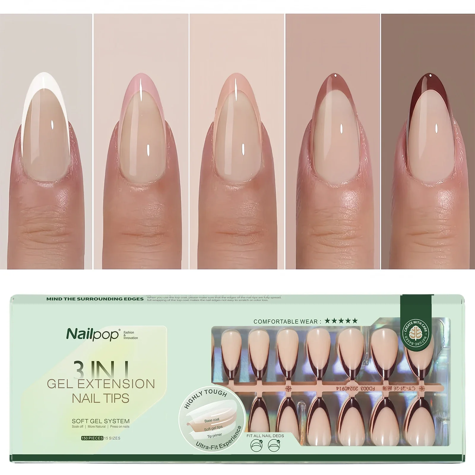 Nailpop 150Pcs French Gel Nail Tips Medium Almond Pre-Colored Press on Nails Skin Tones Soft Gel Nails False Nail Extensions