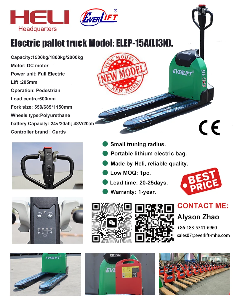 HELI 1.5kg 1500KG 1800KG 2000KG CE ISO Electric Pallet Truck  Electric Pallet Jack With 24V /30AH 48V /20AH