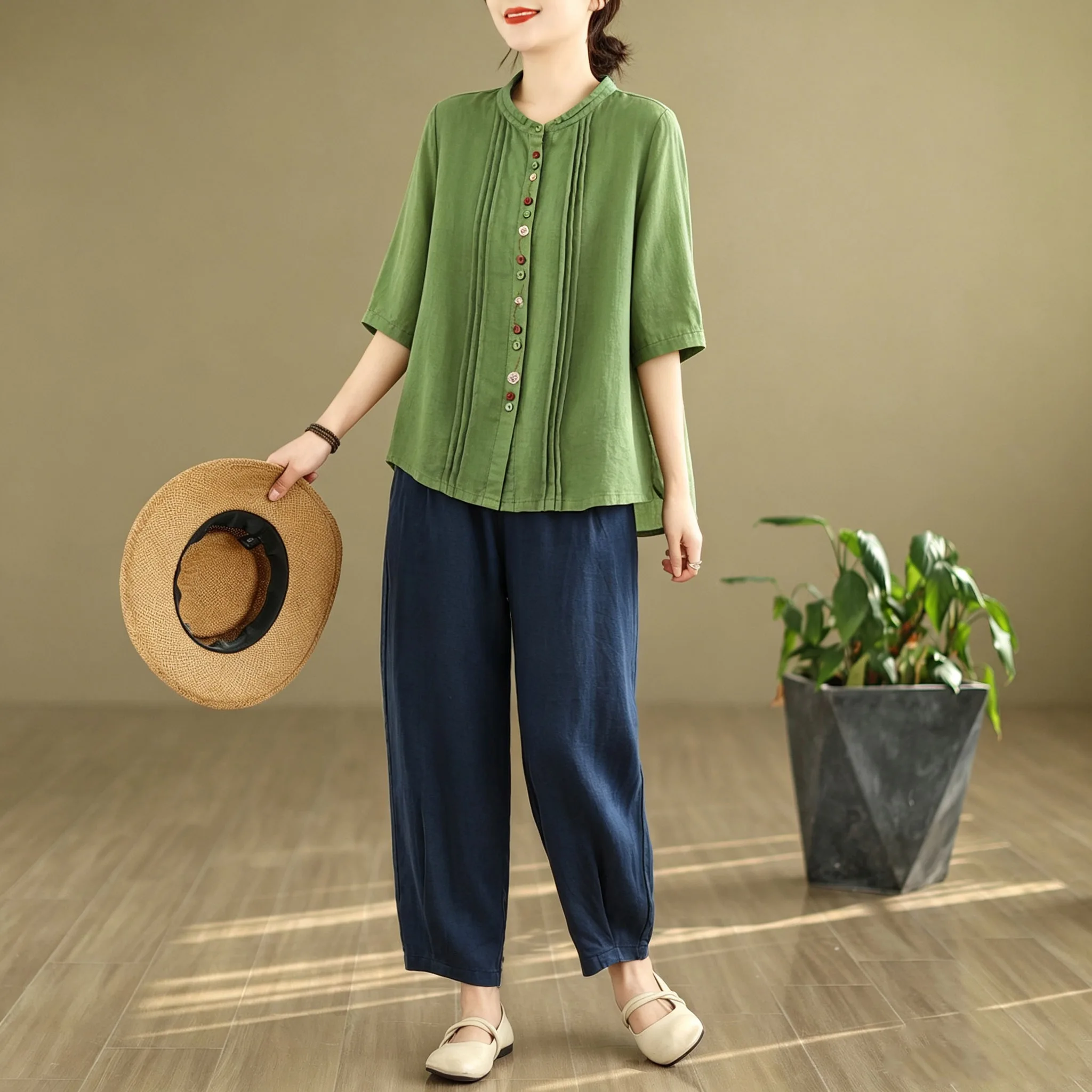 

Korean Style plus Size Women's Summer Slimming Top And Casual Pants Cotton Linen Two-Piece Set Fashionable Ensemble