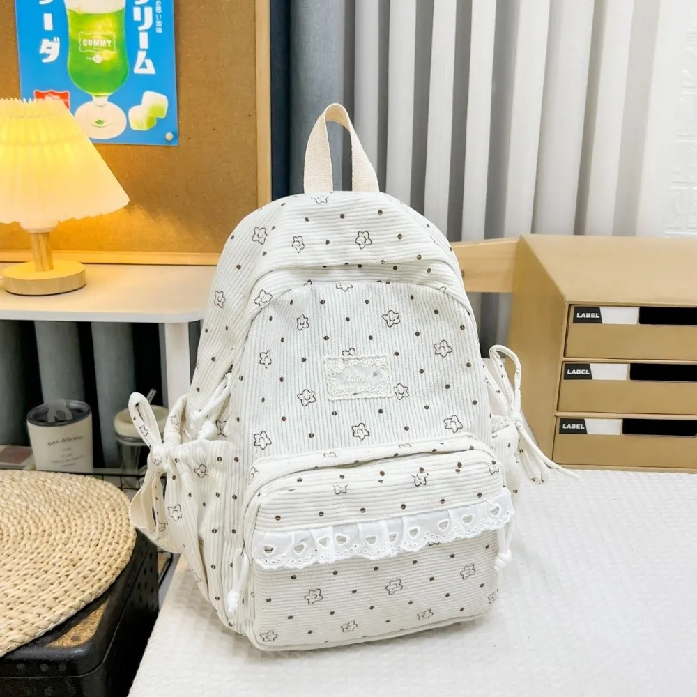 Corduroy Material Corduroy Backpack Lace Floral Print Aesthetic Design Student Backpack Kawaii Style Korean Style