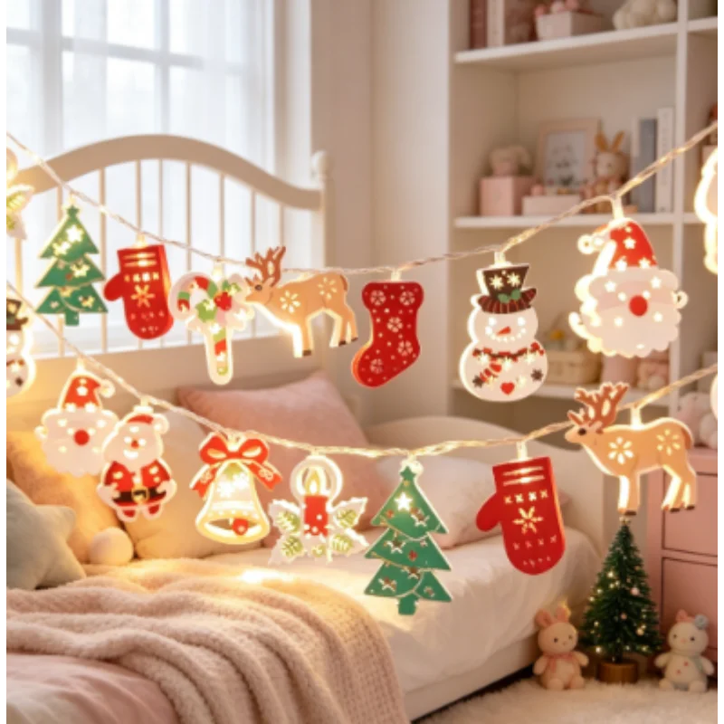 Christmas LED String Lights Santa Snowman Reindeer Tree Cutouts Warm White Battery Operated Garland for Window Holiday Party