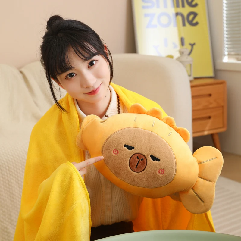 40x30 cm Geel Capybara Taiyaki Kussen Vis Kawaii Cosplay Cartoon Dier Plushie Peluche met Flanel Deken Handen brander Gift