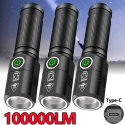 100000 Lumens Led Flashligh 3 Modes XHP50 TYPE-C Rechargeable Built in 18650 Battery Torch For Outdoor Fishing Hunting Camping