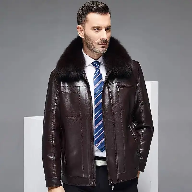 Natural Leather Jacket For Men With Fur Collar Add Velvet Thick Short Lapel Brown Genuine Leather Mens Jacket Sheepskin Coat Man