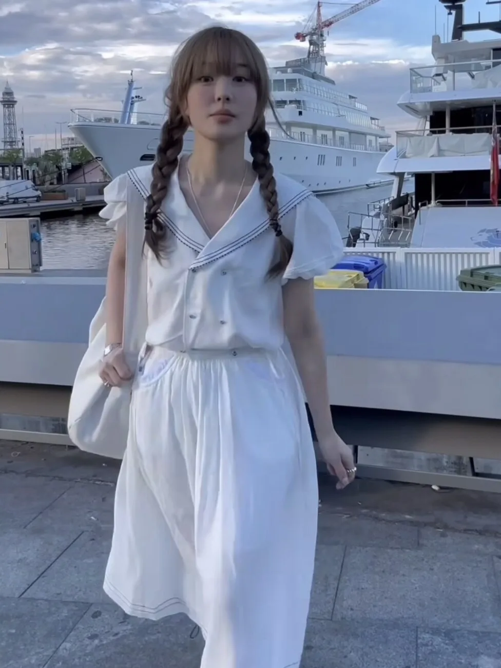 

Smoid Design Vintage College Sweet Retro Navy Collar White irt Top High Waist f Skirt Women's Faion Summer Cotton Blend