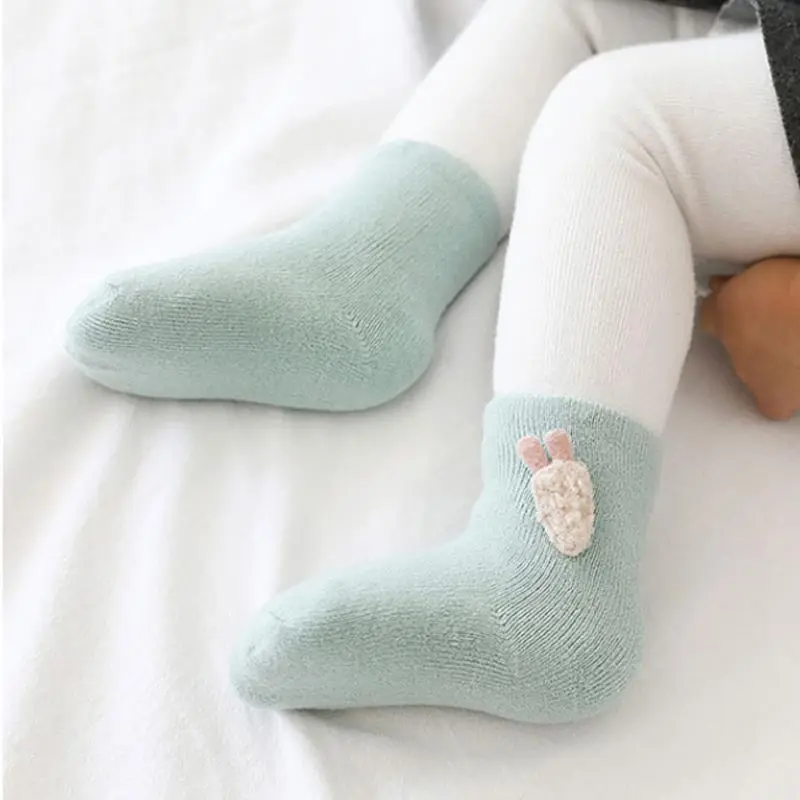 3Pair Cute Warm Baby Socks Winter Thicken Plush Newborn Terry Socks Solid Color Cartoon Rabbit Bear Infant Mid Tube Socks Sox