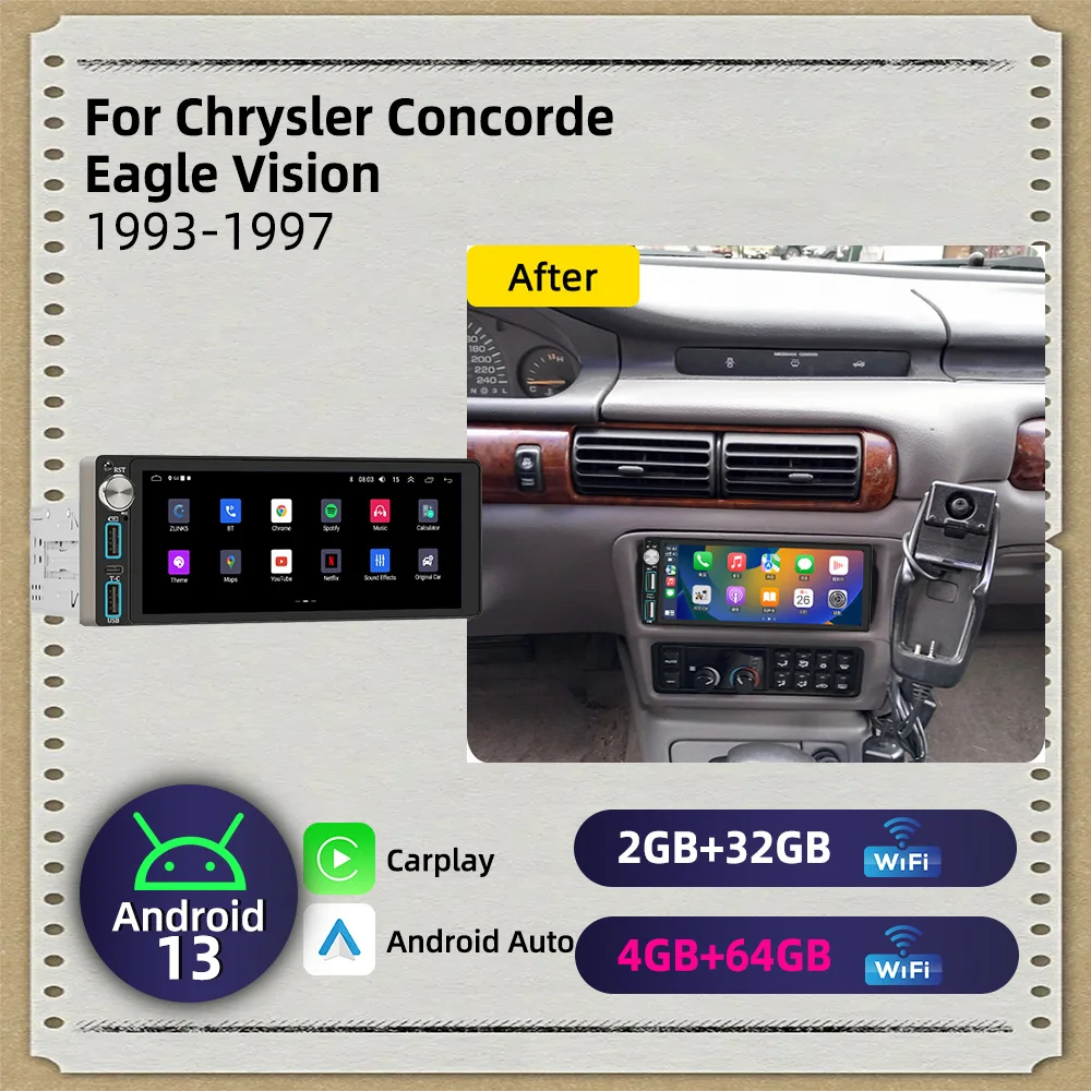 Radio para Auto Android de 6.86 Pulgadas, Reproductor Multimedia 1 DIN, Unidad Principal Estéreo para Chrysler Concorde Eagle Vision 1993-1997, Carplay, GPS