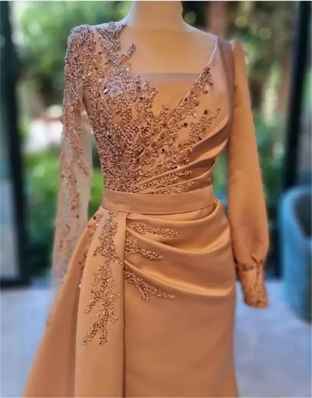 Customized A-Line Mother Of the Bride Dress Evening Elegant Jewel Neck Sweep Train Velvet Long Sleeve with Beading Split Front