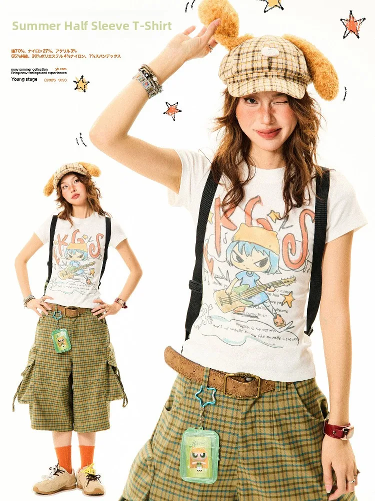 

Young Stage Original Fun Cartoon fiti ort Sve T-irt Women's Slim Fit ort Sle Top Casual Creative Cotton Blend