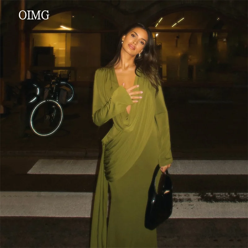 

OIMG Sexy Deep V Neck Mustard Green Mermaid Prom Gowns Maxi Pleated Party Gown Long Sleeve Floor Length Evening Dress Customized