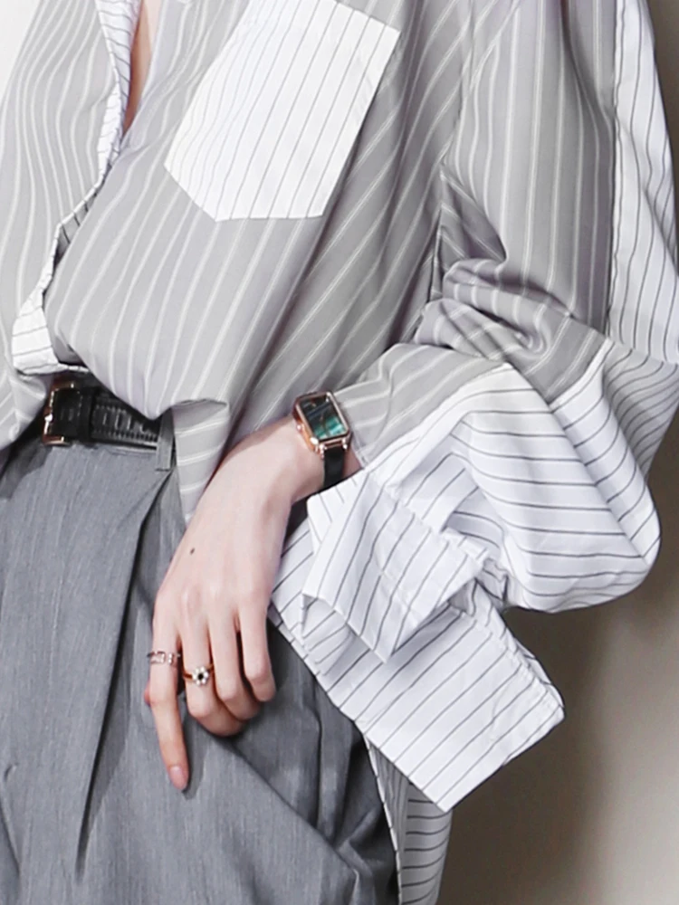 YERMORA Color-block Striped Pocket Casual Blouse For Women Lapel Long Sleeve Loose New Shirt Fashion Tide Spring Autumn 2025