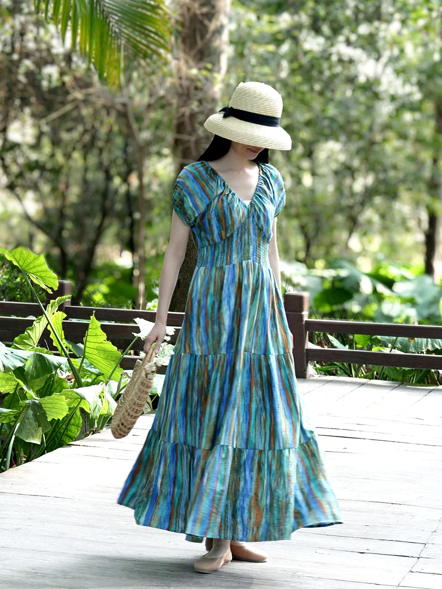 

TIYIHAILEY Long Maxi Summer Women Ladies Dress Short Sleeve Fashion 2025 New Cotton V-Neck High Waist Striped Ladies Clothing