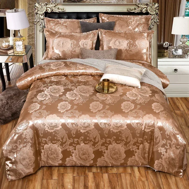 Luxury 3 or 4pcs Bedding Set Satin Jacquard Duvet Cover Sets with Zipper Closure Quilt Cover+Pillowcases+Bed sheet 200*230 size