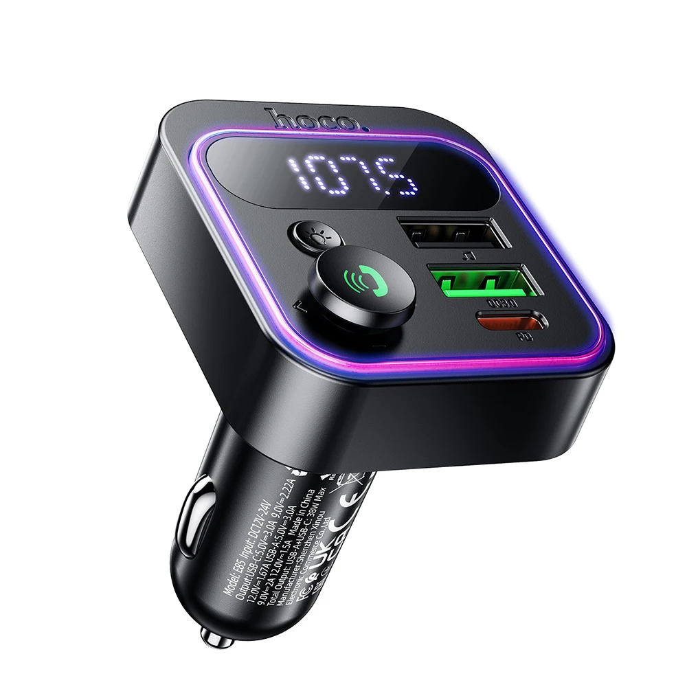 Ładowarka samochodowa HOCO PD20W QC3.0 z Bluetooth 5.4, transmiter FM, oświetleniem RGB, odtwarzaniem z dysku USB i zestawem głośnomówiącym do muzyki i audio. — zdjęcie produktu 7