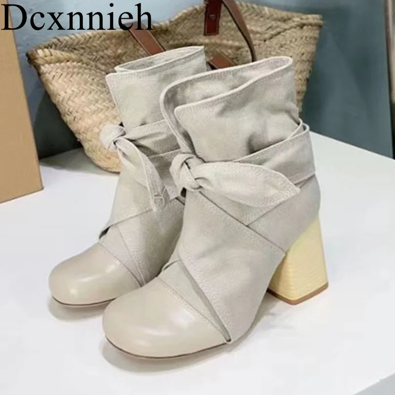 

Women Round Toe Chunky High Heel Mid Calf Boots Bow-Knot Decor Autumn Winter Shoes Lace Up British Style Patchwork Short Boots