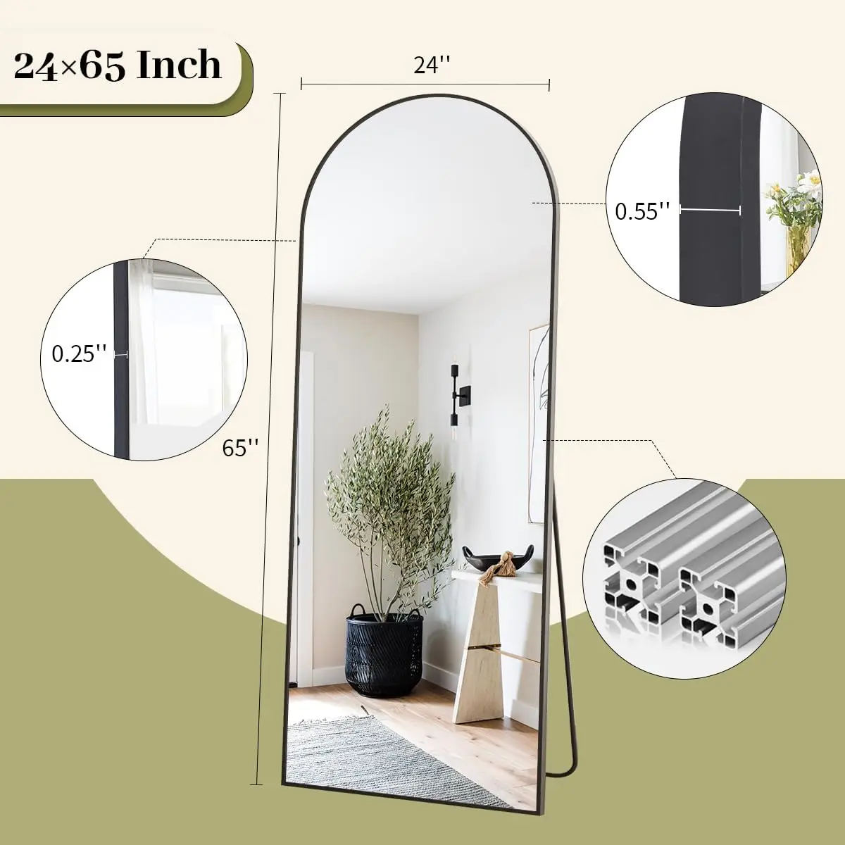 Arch Floor Full Length Mirror, pendurado na parede, Arched-Top, Full Body Mirror com suporte, 65 "x 24"