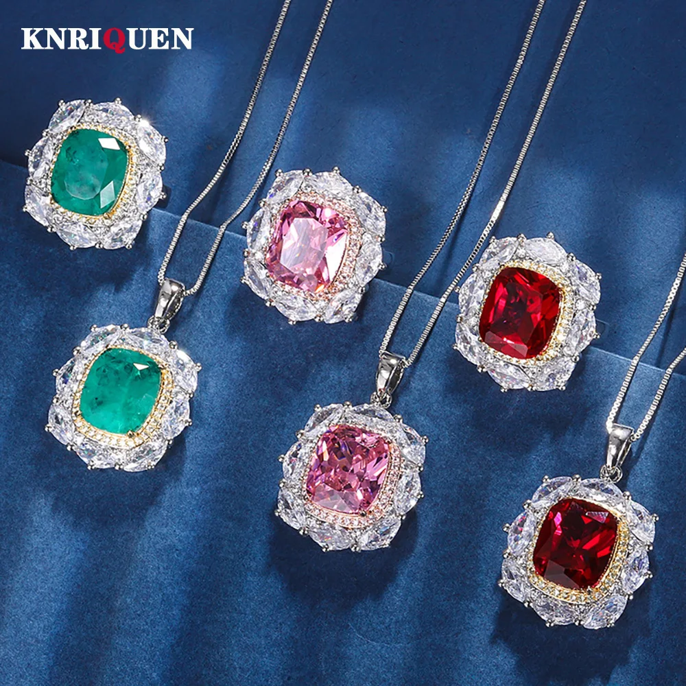 

Retro 12*14mm Emerald Pink Quartz Ruby Gemstone Jewelry Sets for Women Lab Diamond Wedding Party Pendant Necklace Rings Gift