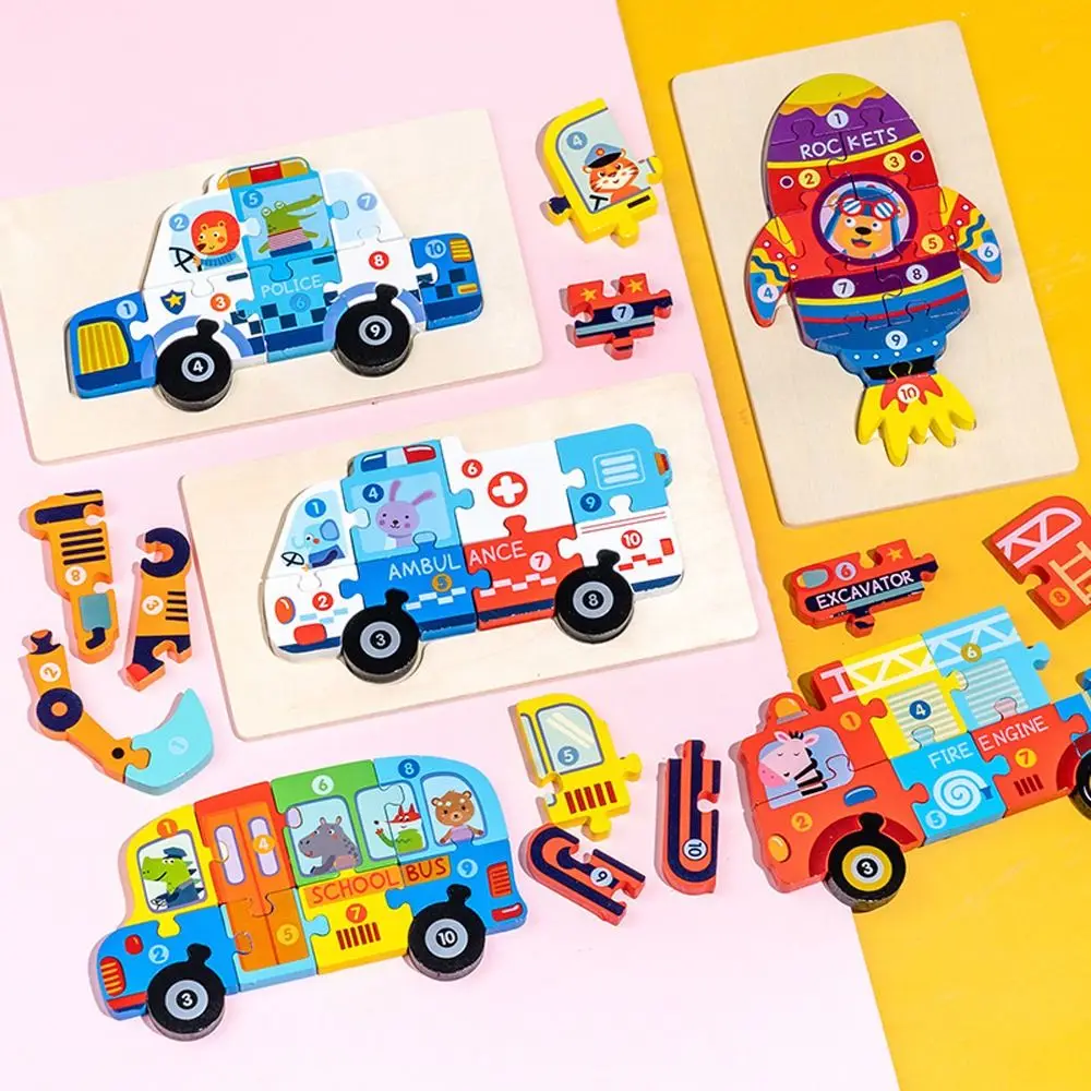 3D Schoolbus Politie Ambulance Dier Vroeg Onderwijs Speelgoed Kinderen Houten Puzzel Speelgoed Intelligentie Spel Puzzel Voertuig Jigsaw